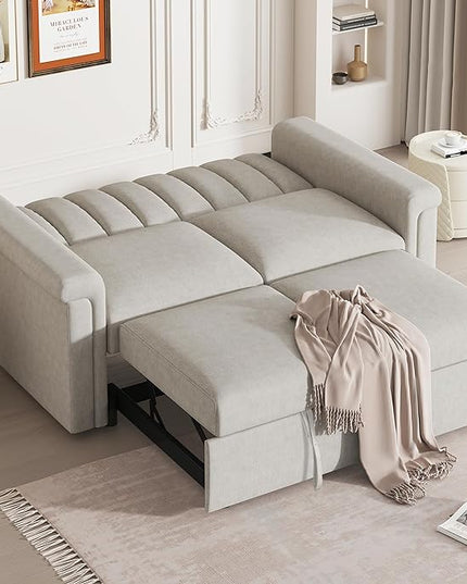3 in 1 Oversized Convertible Loveseat Sleeper Sofa Bed,Contemporary Channel Tufted Love Seats Sofabed W/Pull Out Sleep Couch,Thicker Cushions and Padded Armrests for Living Room, 61", Beige-368 - LeafyLoom