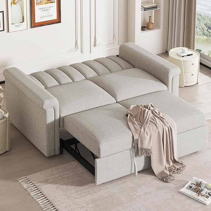 3 in 1 Oversized Convertible Loveseat Sleeper Sofa Bed,Contemporary Channel Tufted Love Seats Sofabed W/Pull Out Sleep Couch,Thicker Cushions and Padded Armrests for Living Room, 61", Beige-368 - LeafyLoom