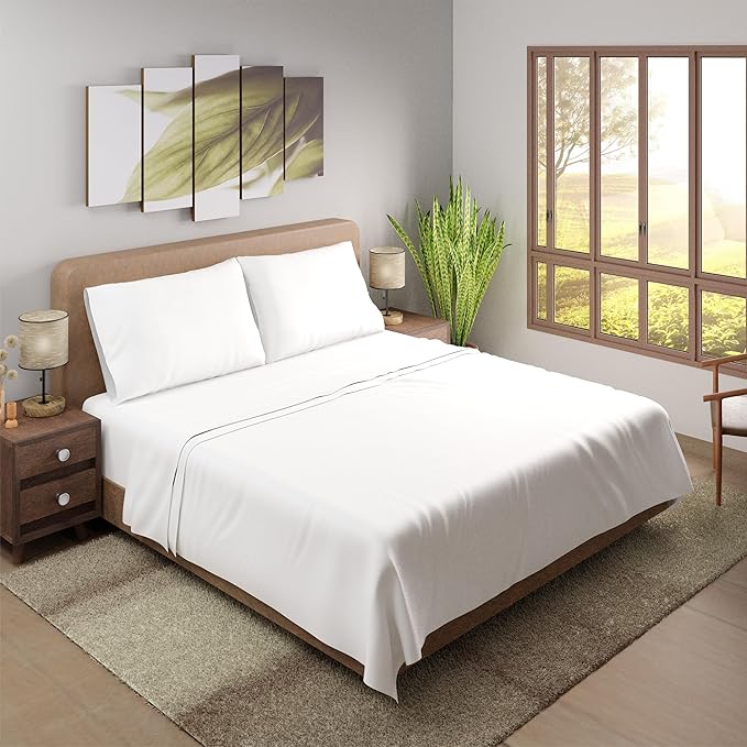 Purity Home Organic 100% Cotton Percale Sheets Queen White, 16" Deep Pocket Queen Sheets Set, Sheets for Queen Size Bed, Cooling Sheets, Crisp & Breathable, Queen Sheet Set - LeafyLoom