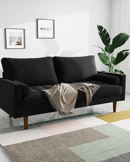 Velvet Furniture for Small Spaces, Mid-Century Modern Loveseats for Living Room, Love Seat Couch Sofas, 70 Inches, Black - LeafyLoom