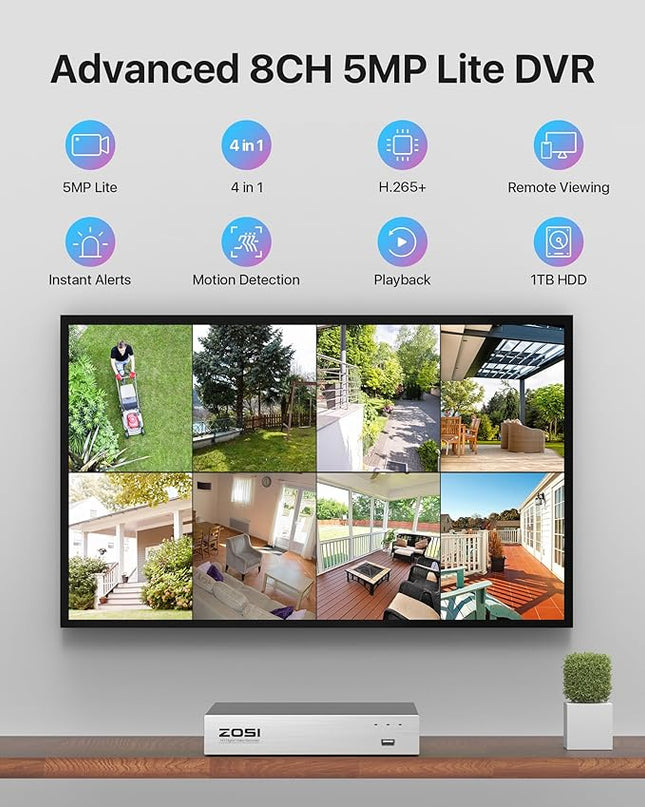 ZOSI 3K Lite Home Security Camera System with Audio,AI Human/Vehicle Detection,Night Vision,8 Channel H.265+ CCTV DVR with 1TB HDD,8pcs 1920TVL Indoor Outdoor Surveillance Cameras,for 24/7 Recording ZOSI