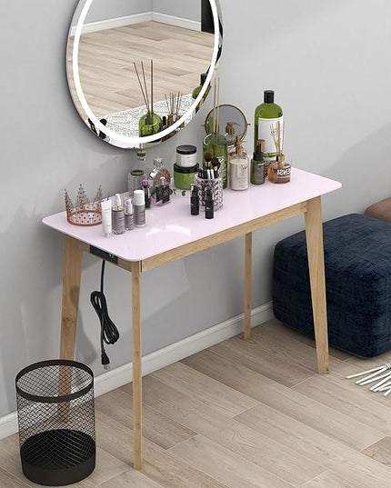 TaoHFE Pink Vanity Table with Rubber Wood Legs Small Spaces Girl Vanity Desk Glossy Pink 39 Inch Makeup Desk with USB Dressing Table No Mirror Computer Desk for Home Modern Vanity Desk for Bedroom - LeafyLoom
