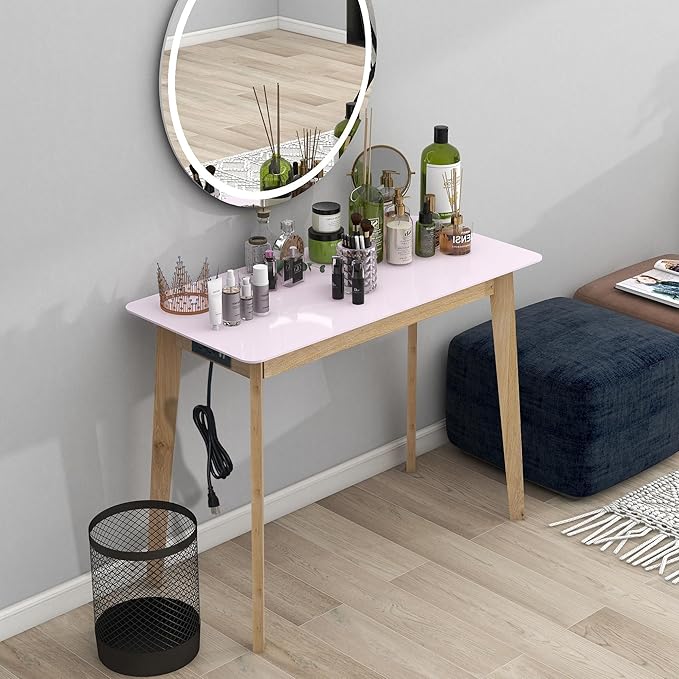 TaoHFE Pink Vanity Table with Rubber Wood Legs Small Spaces Girl Vanity Desk Glossy Pink 39 Inch Makeup Desk with USB Dressing Table No Mirror Computer Desk for Home Modern Vanity Desk for Bedroom - LeafyLoom