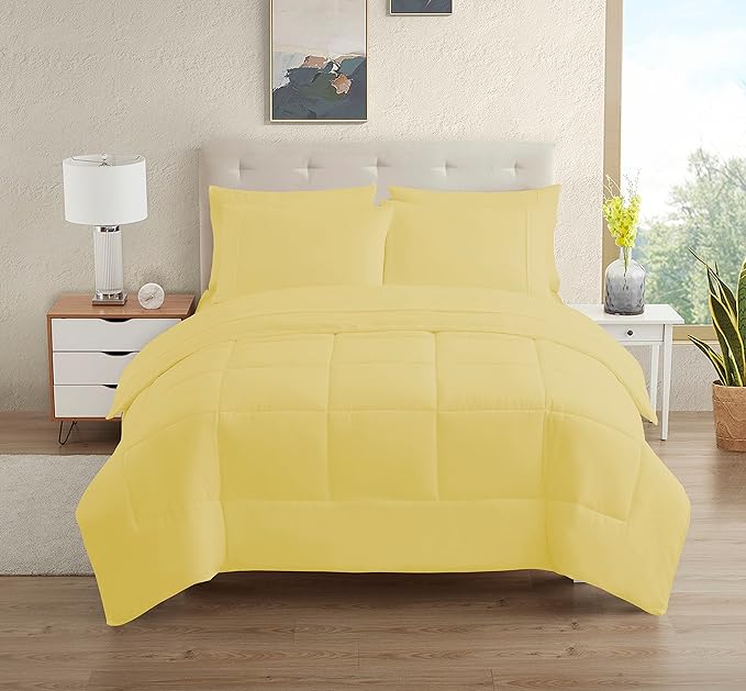 Dorm Room Essentials College Bedding Comforter Set 7 Piece Full Size Bed in a Bag for College Students Boys and Girls, Full, Yellow - LeafyLoom