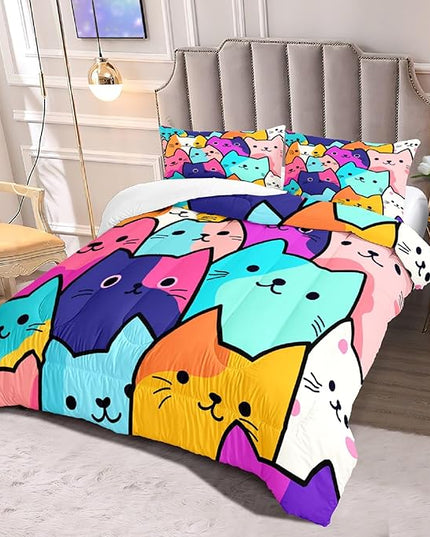 Cat Comforter Full Size - Full Size Comforter Girl Cat Cute Cat Bedding for Girls Kids Full Size Bedding Set Cats Colorful Cartoon Cat Comforter Set, 1 Comforter+2 Pillowcases - LeafyLoom