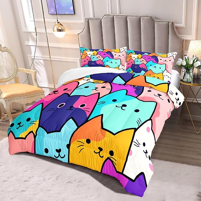 Cat Comforter Full Size - Full Size Comforter Girl Cat Cute Cat Bedding for Girls Kids Full Size Bedding Set Cats Colorful Cartoon Cat Comforter Set, 1 Comforter+2 Pillowcases - LeafyLoom