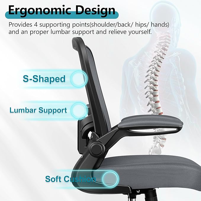 FelixKing Office Chair, Ergonomic Desk Chair Breathable Mesh Chair with Adjustable High Back Lumbar Support Flip-up Armrests, Executive Rolling Swivel Comfy Task Computer Chair for Home Office - LeafyLoom