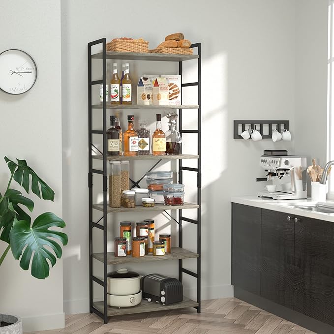 NUMENN 6 Tier Bookshelf, Tall Bookcase Shelf Storage Organizer, Modern Book Shelf for Bedroom, Living Room and Home Office, Grey - LeafyLoom