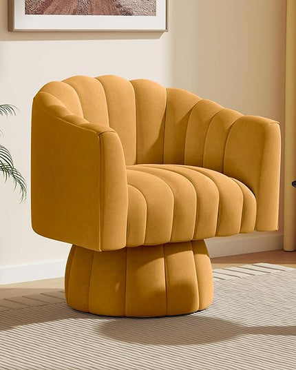 Accent Chair Mid Century 360 Degree Swivel Chair,Modern Lounge Sofa Round Barrel Chair with Wide Upholstered,Fluffy Velvet Fabric Chairs for Home Sofa Living Room/Bedroom/Waiting Room (Mustard) - LeafyLoom