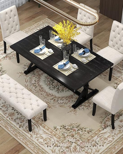 Farmhouse Rectangular 72" Wood, 4 Upholstered Chairs with Bench, Easy to Assemble, for Living, Guest Room, Home Bar and Kitchen, 6 Piece Dining Table Set, Espresso 25 - LeafyLoom