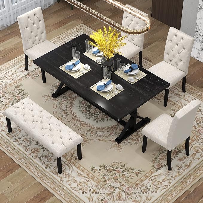 Farmhouse Rectangular 72" Wood, 4 Upholstered Chairs with Bench, Easy to Assemble, for Living, Guest Room, Home Bar and Kitchen, 6 Piece Dining Table Set, Espresso 25 - LeafyLoom