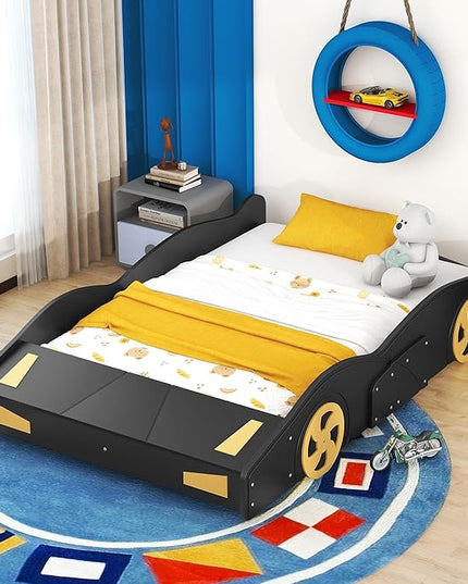 Full Size Bed Frame for Kids, Race Car-Shaped Wooden Platform Bed with Guardrail and Storage Space, Wheels and Support Slats, for Boys Girls Child's Bedroom, No Spring Need (Black) - LeafyLoom