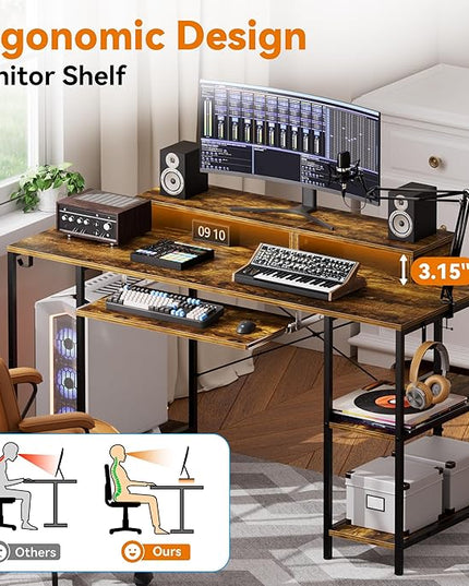 Computer Desk with Keyboard Tray, 55 Inch Music Studio Desk Music Production Desk with Storage Shelves Monitor Stands and 4 Iron Hooks, Desk Workstation Gaming Table for Home Office - LeafyLoom