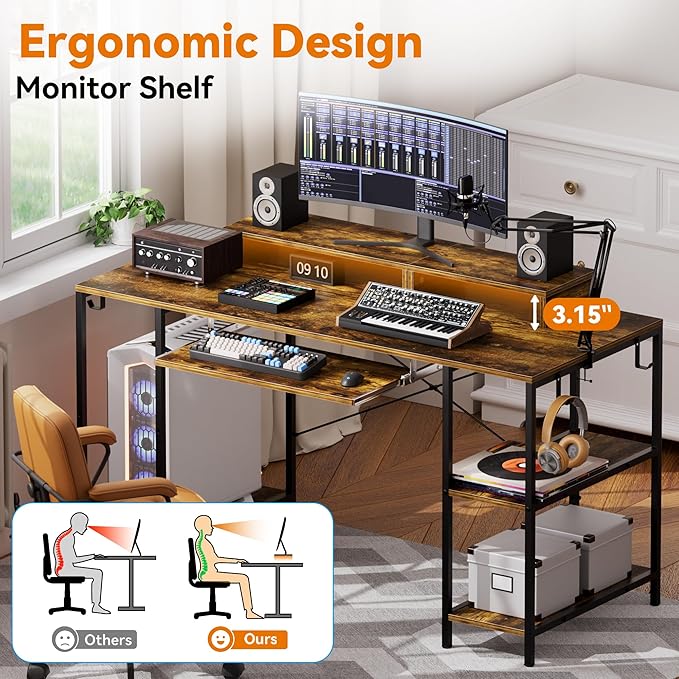 Computer Desk with Keyboard Tray, 55 Inch Music Studio Desk Music Production Desk with Storage Shelves Monitor Stands and 4 Iron Hooks, Desk Workstation Gaming Table for Home Office - LeafyLoom