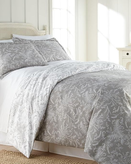 Southshore Fine Living, Inc. Full/Queen Comforter Set, Hotel Quality Floral Comforter with Matching Shams, Reversible Print is 2 Colors in 1, Fits Queen & Full Beds, Winter Brush Grey/White - LeafyLoom