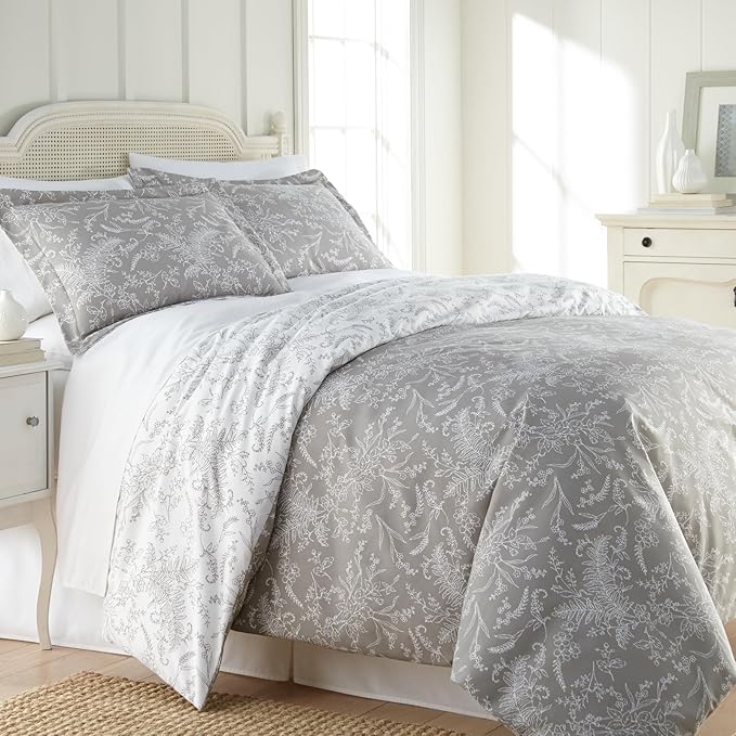 Southshore Fine Living, Inc. Full/Queen Comforter Set, Hotel Quality Floral Comforter with Matching Shams, Reversible Print is 2 Colors in 1, Fits Queen & Full Beds, Winter Brush Grey/White - LeafyLoom