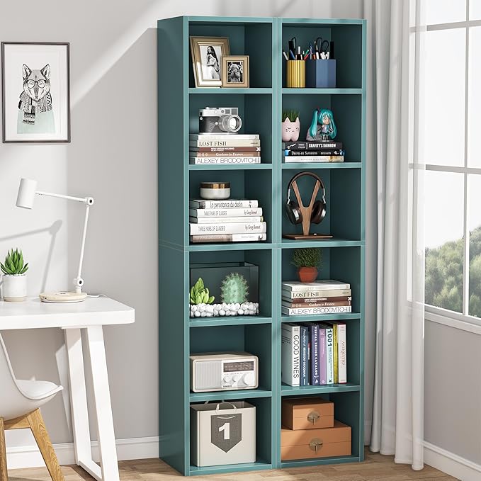 70.9 Inch Tall Narrow Bookcase, Corner Bookshelf 6 Tier Cube Display Shelf Storage Organizer for Small Space, Blue - LeafyLoom