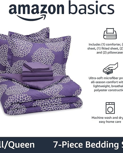 Amazon Basics Lightweight Microfiber Bed-in-a-Bag Comforter 7-Piece Bedding Set, Full/Queen, Purple Floral - LeafyLoom