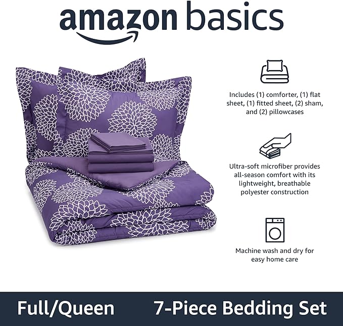 Amazon Basics Lightweight Microfiber Bed-in-a-Bag Comforter 7-Piece Bedding Set, Full/Queen, Purple Floral - LeafyLoom