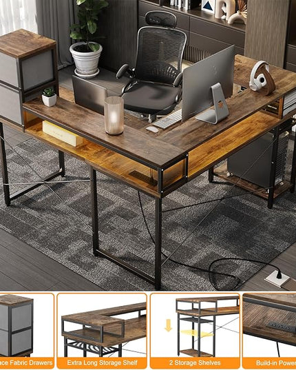 armocity L Shaped Desk with Drawers, Reversible Corner Computer Desk with LED Light & Power Outlet, 55.2'' L-Shaped Gaming Desk with Long Monitor Shelf, Home Office Desk for Small Corner Space, Rustic - LeafyLoom