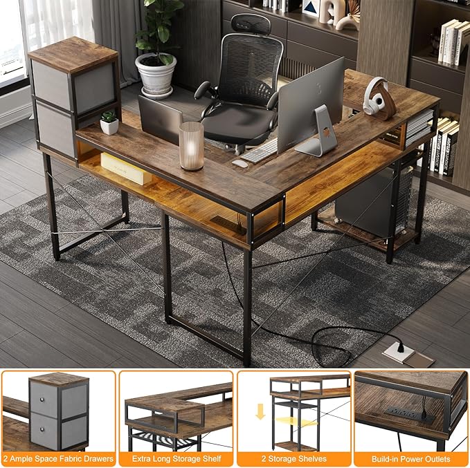 armocity L Shaped Desk with Drawers, Reversible Corner Computer Desk with LED Light & Power Outlet, 55.2'' L-Shaped Gaming Desk with Long Monitor Shelf, Home Office Desk for Small Corner Space, Rustic - LeafyLoom