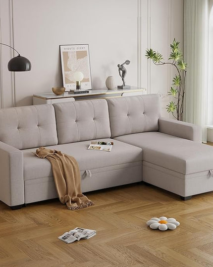 82" Sectional Sofa with Storage Chaise & Pull-Out Bed,L-Shape Convertible 3 Seater Couch W/Tufted Backrest,Reversible Sleeper for Living Room Apartment Office, Beige3 - LeafyLoom