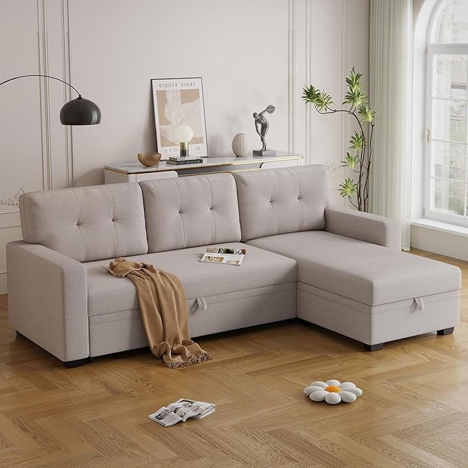 82" Sectional Sofa with Storage Chaise & Pull-Out Bed,L-Shape Convertible 3 Seater Couch W/Tufted Backrest,Reversible Sleeper for Living Room Apartment Office, Beige3 - LeafyLoom