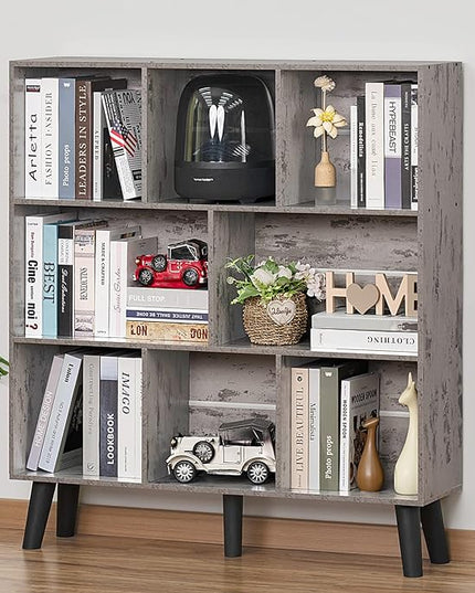 LEYAOYAO 8 Cube Bookshelf,3 Tier Bookcase with Legs,Modern Grey Mid-Century Bookshelves,Large Farmhouse Open Storage Organizer Shelf, Retro Wooden Display Book Case for Bedroom,Living Room,Office - LeafyLoom