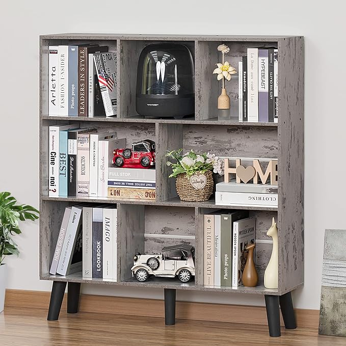 LEYAOYAO 8 Cube Bookshelf,3 Tier Bookcase with Legs,Modern Grey Mid-Century Bookshelves,Large Farmhouse Open Storage Organizer Shelf, Retro Wooden Display Book Case for Bedroom,Living Room,Office - LeafyLoom