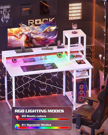 armocity 2024 Upgrade Gaming Desk with LED Lights, Small Computer Desk with Long Monitor Stand, 40'' Reversible Laptop Table with Storage Shelves, Small Desk for Small Spaces, Gaming Room, White - LeafyLoom