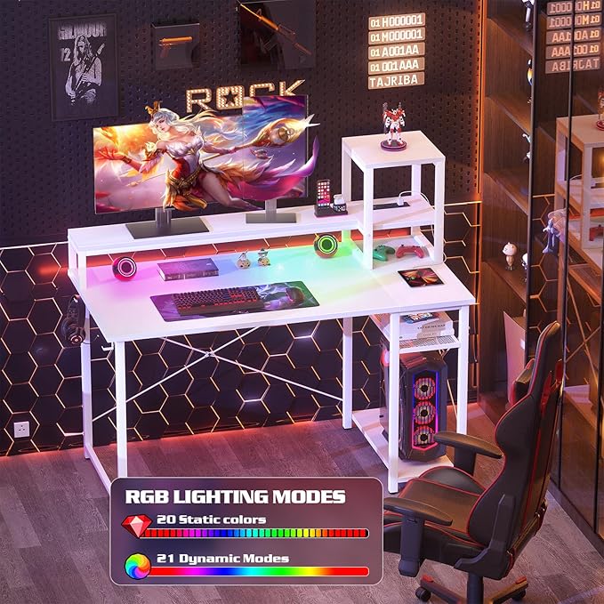 armocity 2024 Upgrade Gaming Desk with LED Lights, Small Computer Desk with Long Monitor Stand, 40'' Reversible Laptop Table with Storage Shelves, Small Desk for Small Spaces, Gaming Room, White - LeafyLoom