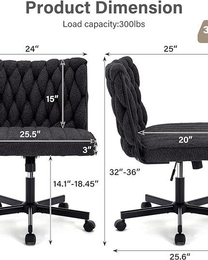 Criss Cross Legged Office Desk Chair with Wheels, Modern Armless Desk Chair with Wide Seat, Home Office Chair for Work, Meditation, Vanity, Black - LeafyLoom