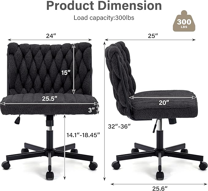 Criss Cross Legged Office Desk Chair with Wheels, Modern Armless Desk Chair with Wide Seat, Home Office Chair for Work, Meditation, Vanity, Black - LeafyLoom