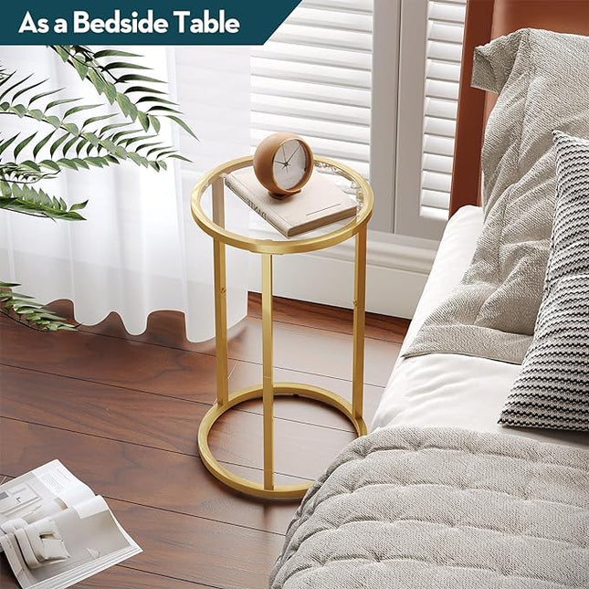 SAYGOER Round Side Table Small Gold End Table for Small Spaces Narrow Couch Night Stand Modern Bedside Table with Gold Frame for Bedroom Living Room, Easy Assembly - LeafyLoom