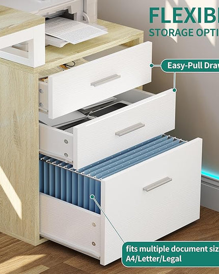 YITAHOME L Shaped Desk with 3 Drawers, 65" Corner Computer Desk with Power Outlets & LED Lights, L-Shaped Desk with File Cabinet & Printer Stand for Home Office, White & Oak - LeafyLoom