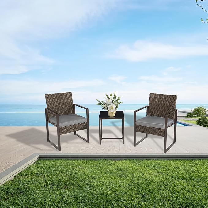 3 Pieces Patio Furniture Set Outdoor Wicker Bistro set Rattan Chair Conversation Sets with Coffee Table for Porch, Balcony,Garden,Backyard and Removable Cushions Grey - LeafyLoom