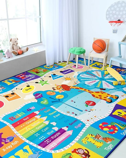 Chicrug Educational Kid Area Rug for Playroom, 4x6 Feet TPR Non Slip Kids Classroom Carpet Rug for Learning ABC Animal, Shape Color Fruit, Washable Play Mat Rug for Children Nursery Toddler Room Decor - LeafyLoom