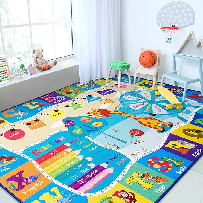 Chicrug Educational Kid Area Rug for Playroom, 4x6 Feet TPR Non Slip Kids Classroom Carpet Rug for Learning ABC Animal, Shape Color Fruit, Washable Play Mat Rug for Children Nursery Toddler Room Decor - LeafyLoom