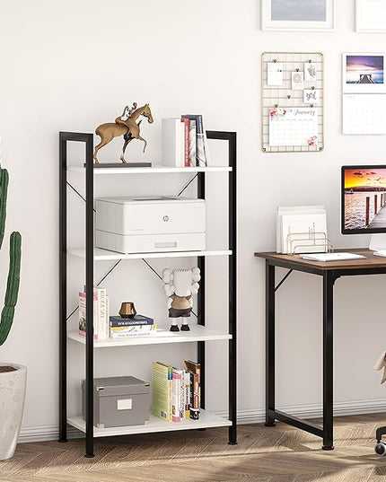 VERMESS Book Shelf White, Tall 4 Tier Bookshelf, Industrial Shelving Unit Wood Bookcase Shelf with Open Shelves, Wide Storage Standing Bookshelves Metal Display Rack for Living Room, Bedroom, Office - LeafyLoom