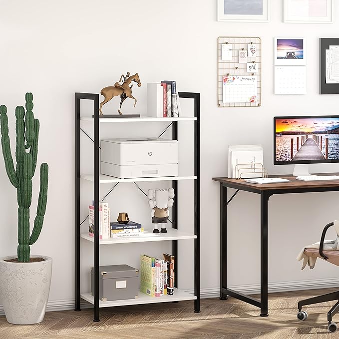 VERMESS Book Shelf White, Tall 4 Tier Bookshelf, Industrial Shelving Unit Wood Bookcase Shelf with Open Shelves, Wide Storage Standing Bookshelves Metal Display Rack for Living Room, Bedroom, Office - LeafyLoom