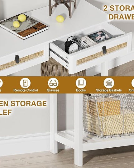 Knowlife Rattan Console Table with Drawers, Entryway Table Sofa Table with Storage Shelf, Narrow Long Behind Couch Table for Entryway, Living Room, Hallway, White - LeafyLoom