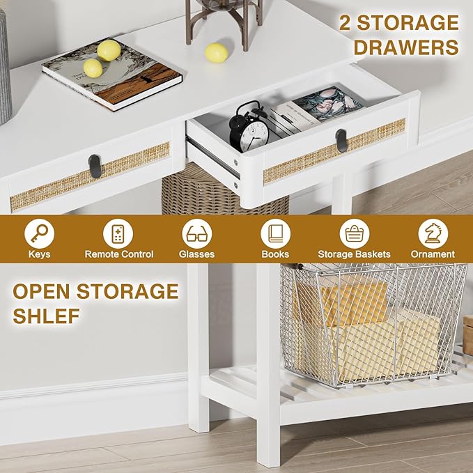 Knowlife Rattan Console Table with Drawers, Entryway Table Sofa Table with Storage Shelf, Narrow Long Behind Couch Table for Entryway, Living Room, Hallway, White - LeafyLoom