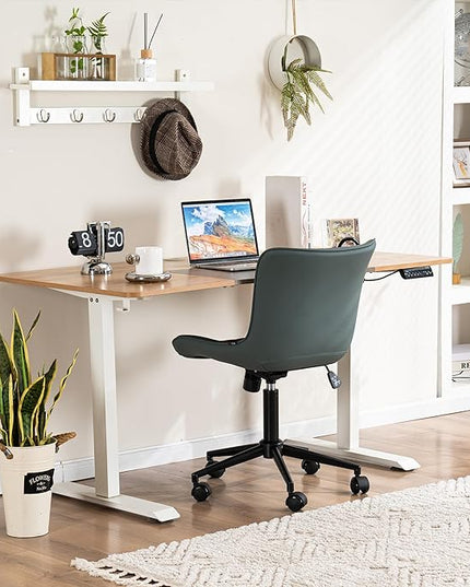 YOUNIKE Armless Office Chair Swivel Desk Chair with Wheels Upholstered Leather Computer Chair Adjustable Task Chair Modern Rolling Chair with Back, Greyish Green - LeafyLoom