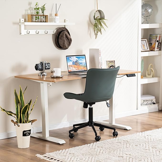 YOUNIKE Armless Office Chair Swivel Desk Chair with Wheels Upholstered Leather Computer Chair Adjustable Task Chair Modern Rolling Chair with Back, Greyish Green - LeafyLoom