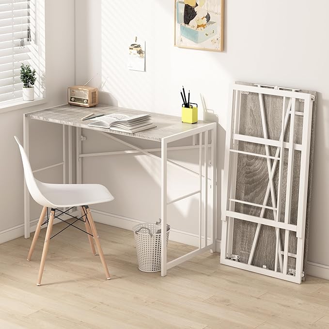 EMODA Folding Computer Desk 40 inch, No Assembly Needed Home Office Table Study Writing Gaming Desk, Beige - LeafyLoom