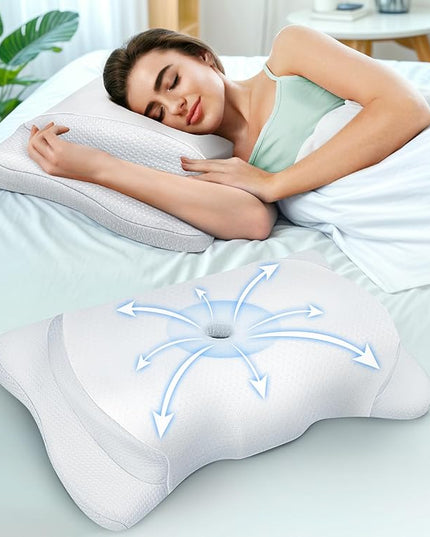 Adjustable Height Cervical Neck Pillow for Pain Relief, Hollow Contour Pillow with Cooling Breathable Pillowcase, Odorless Memory Foam Pillows, Orthopedic Bed Pillow Support Shoulder Side Back Stomach - LeafyLoom