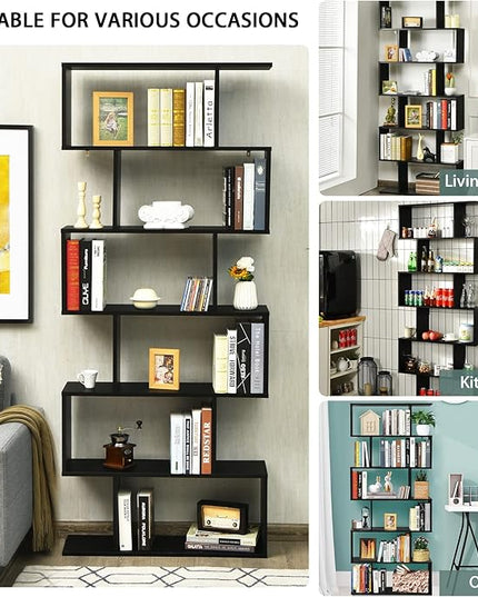 BETTARY 6-Tier Bookshelf, Freestanding S-Shaped Geometric Display Shelf, Modern Tall Bookcase for Home Office, Living Room, Bedroom, Black - LeafyLoom