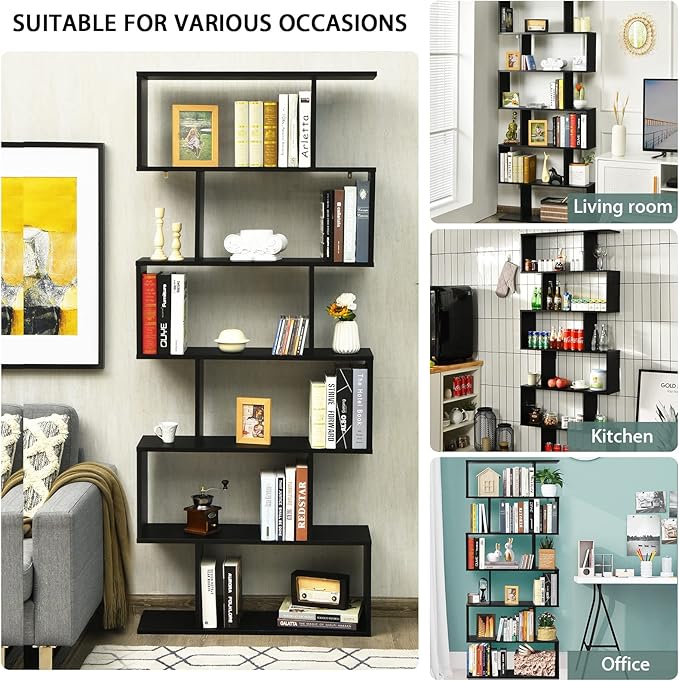 BETTARY 6-Tier Bookshelf, Freestanding S-Shaped Geometric Display Shelf, Modern Tall Bookcase for Home Office, Living Room, Bedroom, Black - LeafyLoom