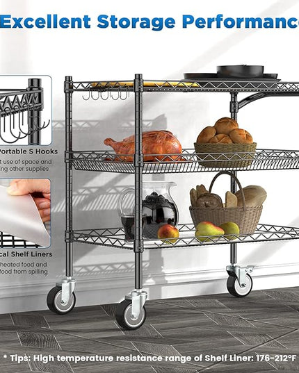 3 Tier Rolling Carts with Wheels,990Lbs Heavy Duty Rolling Utility Cart,NSF Commercial Grade Metal Cart with Handle&Shelf Liner,Trolley Serving Cart for Kitchen,Restaurant,Plant Display,Black - LeafyLoom