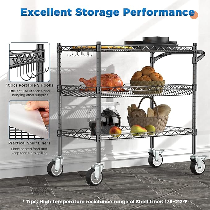 3 Tier Rolling Carts with Wheels,990Lbs Heavy Duty Rolling Utility Cart,NSF Commercial Grade Metal Cart with Handle&Shelf Liner,Trolley Serving Cart for Kitchen,Restaurant,Plant Display,Black - LeafyLoom